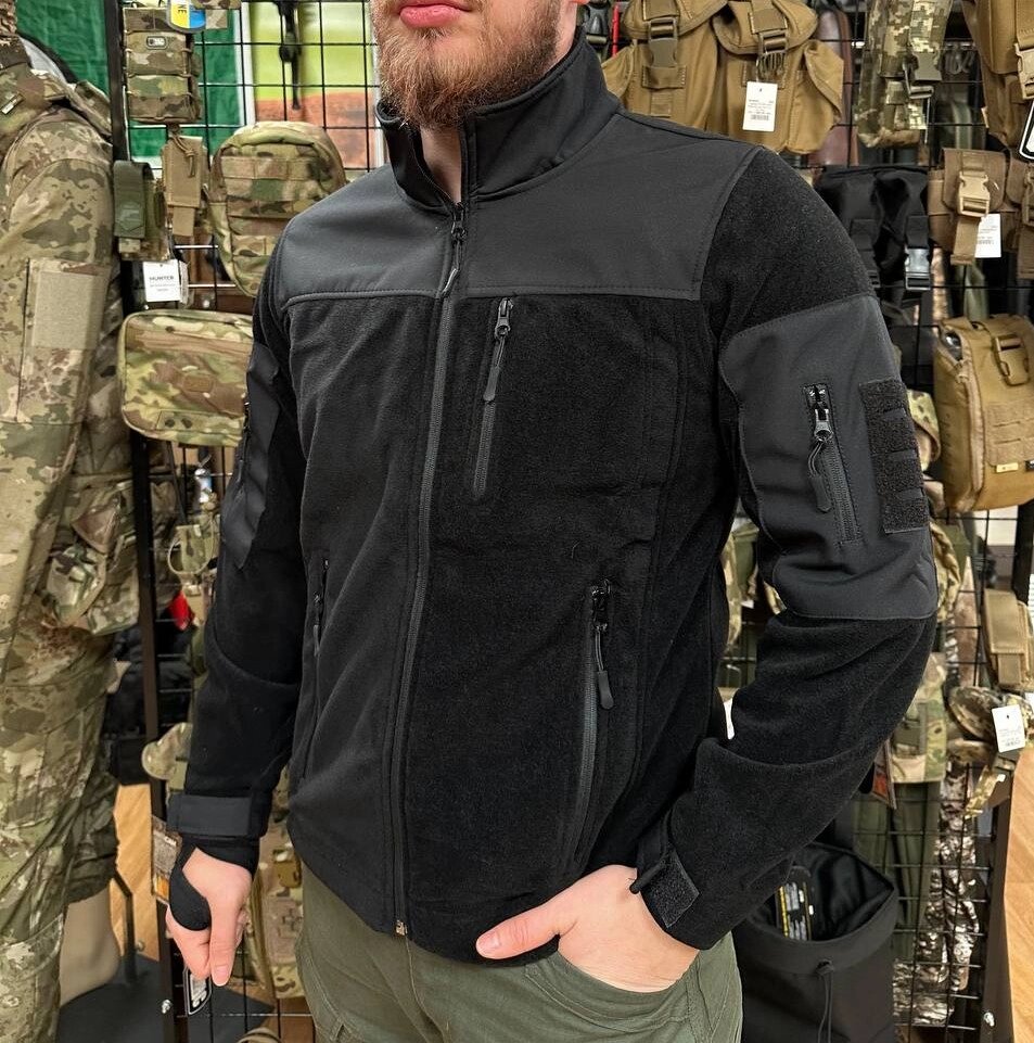 Чоловіча флісова кофта Safari Tactical на блискавці із Softshell вставками (Чорний) S від компанії shop-shap - фото 1