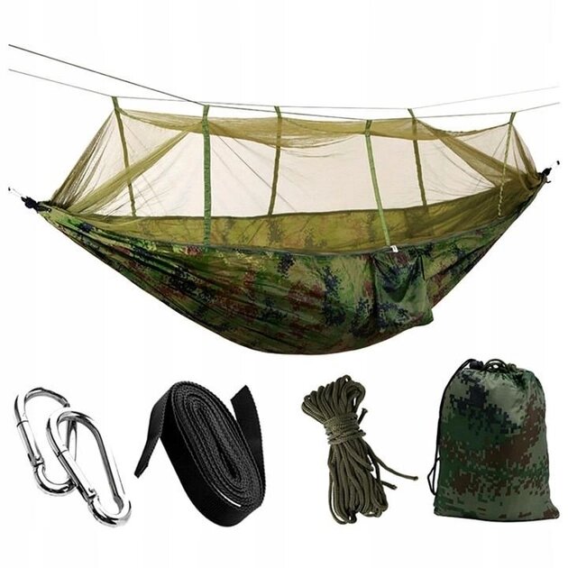 Гамак подвійний з москітною сіткою Hammock With Net Army для відпочинку до 200 кг олива . зелений . піксель від компанії shop-shap - фото 1