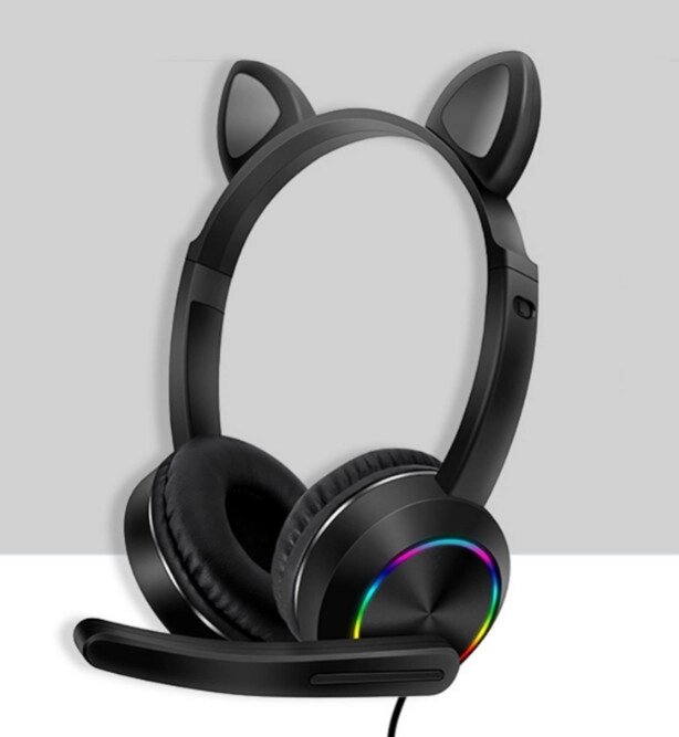 Навушники з мікрофоном AKZ-020 Cat Ear з котячими вушками і підсвічуванням Чорний від компанії shop-shap - фото 1