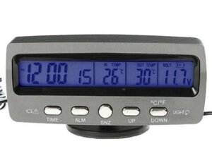 Годинник автомобільний VST-7045V з термометром і вольтметром (сірий)