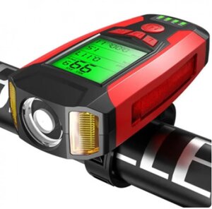 Вело ліхтар + дзвінок + велокомп'ютер AS0808 XPG+2LED (yellow)+COB (red) micro USB