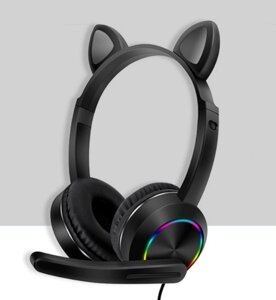 Навушники з мікрофоном AKZ-020 Cat Ear з котячими вушками і підсвічуванням Чорний