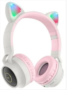 Навушники Hoco W27 Cat Ear Bluetooth з котячими вушками і LED підсвічуванням Рожевий з сірим