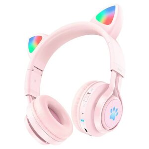 Бездротові Bluetooth навушники з вушками Hoco W39 з мікрофоном AUX + RGB підсвічування Рожевий