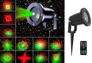 Вуличний лазерний прожектор проектор Waterproof Lazer Зоряне небо+фігури з пультом (Червоний і зелений кольори)