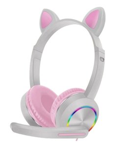 Навушники з мікрофоном AKZ-020 Cat Ear з котячими вушками і підсвічуванням Сірий