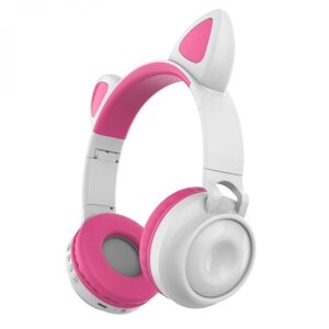 Бездротові Bluetooth-навушники ZW-028 Cat Ear з вушками (Bluetooth, MP3, FM, AUX, Mic, LED) Білий/рожевий