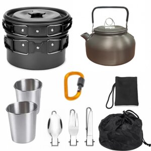 Набір туристичного металевого посуду для походів Camping cooking DM 308 з карабіном Чорний