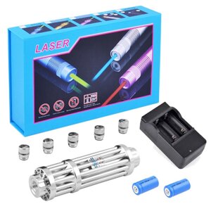Найпотужніша Лазерна указка YX-B017, синій промінь, 5 насадок, акумулятор 2х16340