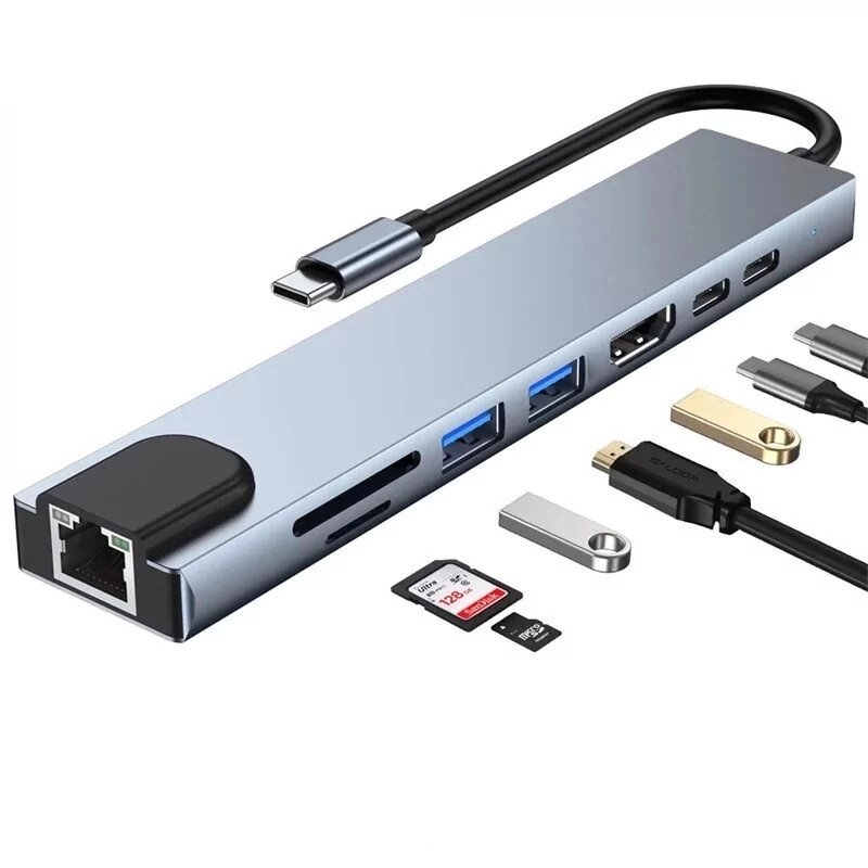 Універсальний концентратор USB для MacBook на 8-Port USB TypeC 3.0 Mini Hub SD, TF, RJ 45 від компанії shop-shap - фото 1