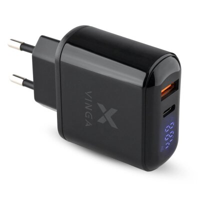 Зарядний пристрій Vinga 2 Port QC3.0+PD Display Wall Charger (VWCQPACDBK) від компанії shop-shap - фото 1