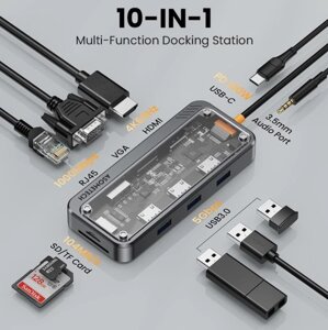 Док-станція type-C хаб asometech 10в1 концентратор HDMI RJ45 USB 3.0