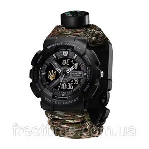 Чоловічий наручний годинник Patriot 005 Тризуб золото Чорний Паракордовий ремінець Camo Green + Коробка