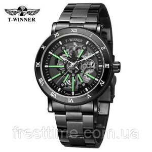 Чоловічий наручний механічний годинник з автопідзаводом Forsining 8256 All Black Steel
