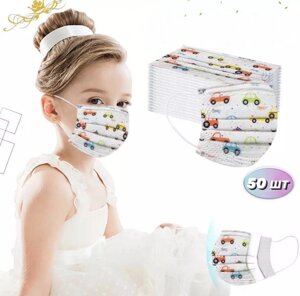 Дитячі захисні тришарові медичні маски з малюнком "Веселі машинки"