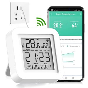 Розумний Wi-Fi датчик температури та вологості термогігрометр із годинником і календарем, Tuya Smart