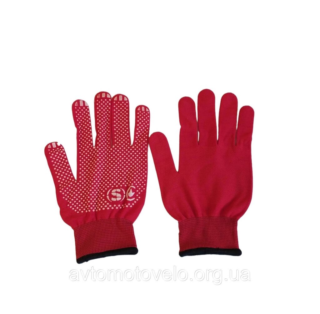 Рукавички синтетичні червоні з ПВХ крапкою 10 розмір від компанії Автомотовело - фото 1