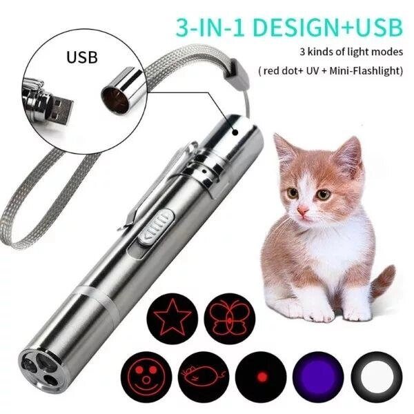 Лазерна указка - іграшка для котів, Ліхтарик, УФ-світло - USB зарядка від компанії K V I T K A - фото 1