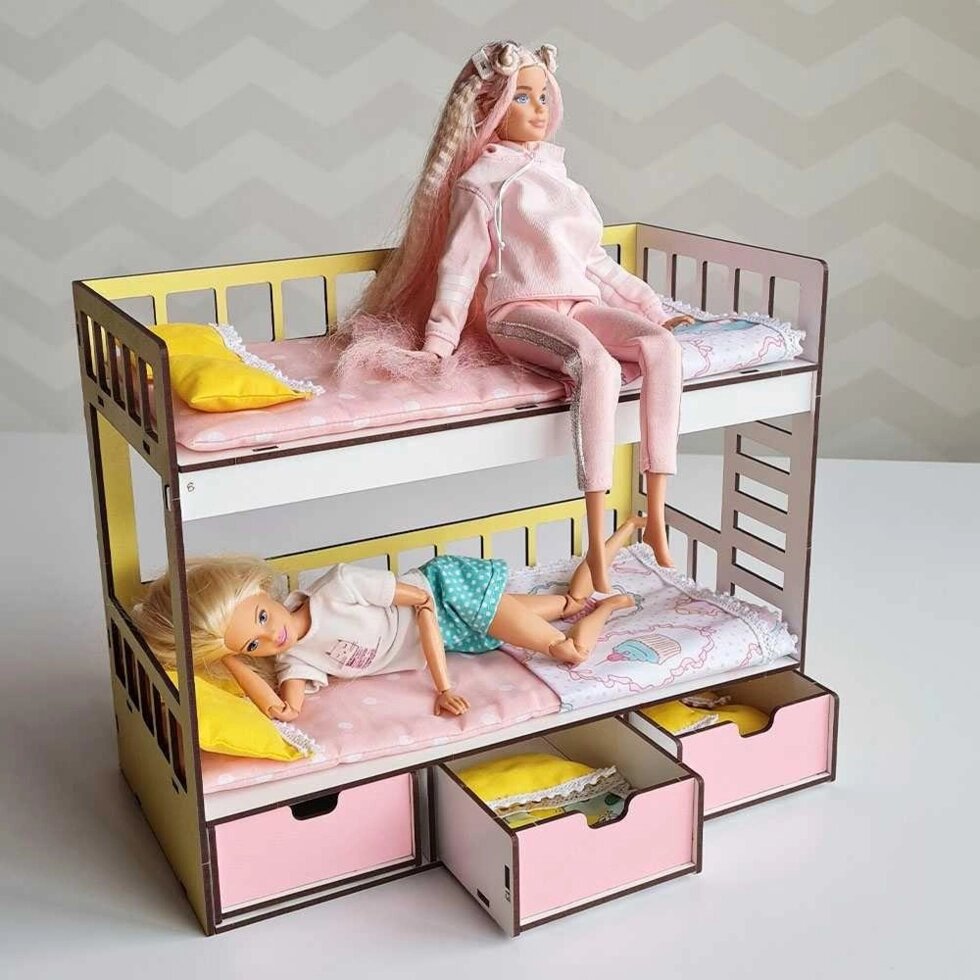 Ліжко для Барбі меблі для ляльки з ящиками два поверхи ляльковий будиночок від компанії K V I T K A - фото 1
