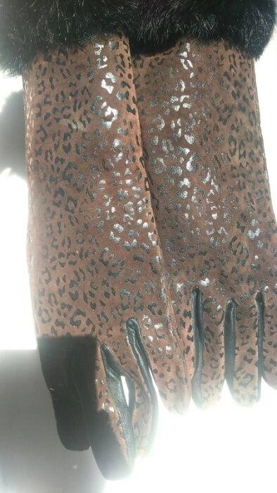 Нові Шкіряні з натуральним хутром високі рукавички тигрові 6.5 розмір від компанії K V I T K A - фото 1