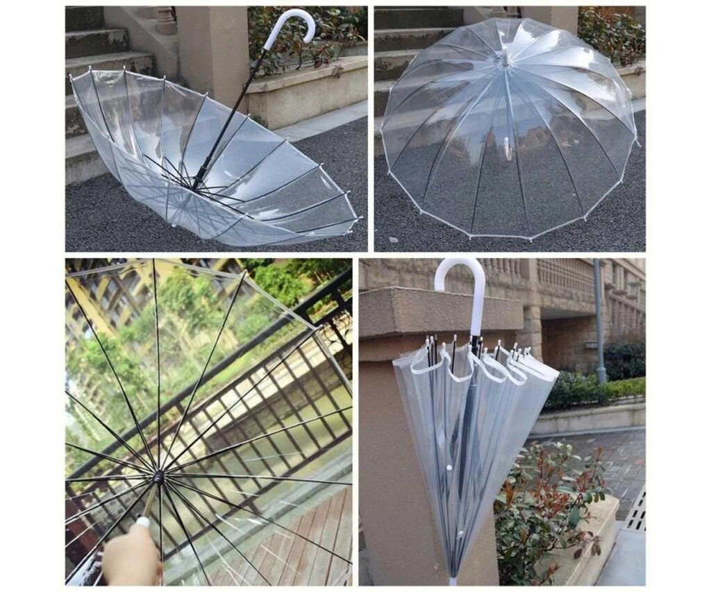 Прозора парасолька тростина 16 спиць напівавтомат без малюнка спиці від компанії K V I T K A - фото 1