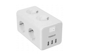 Мережевий фільтр Tessan TS-306 сірий 3 порти USB з Fast Charge