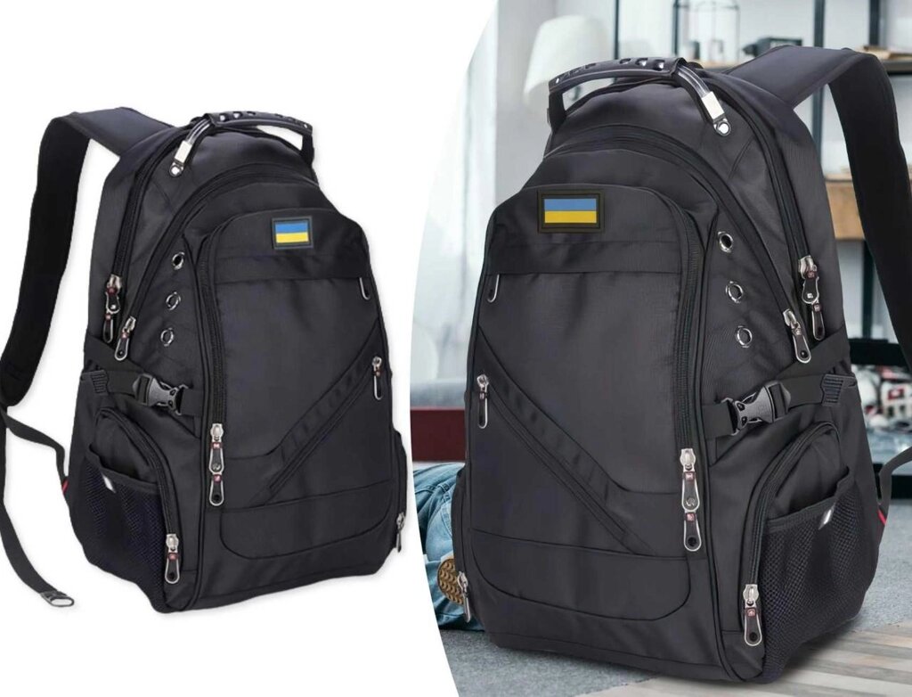 Швейцарський міський рюкзак із дощовиком 8810 чорний із прапором України від компанії K V I T K A - фото 1