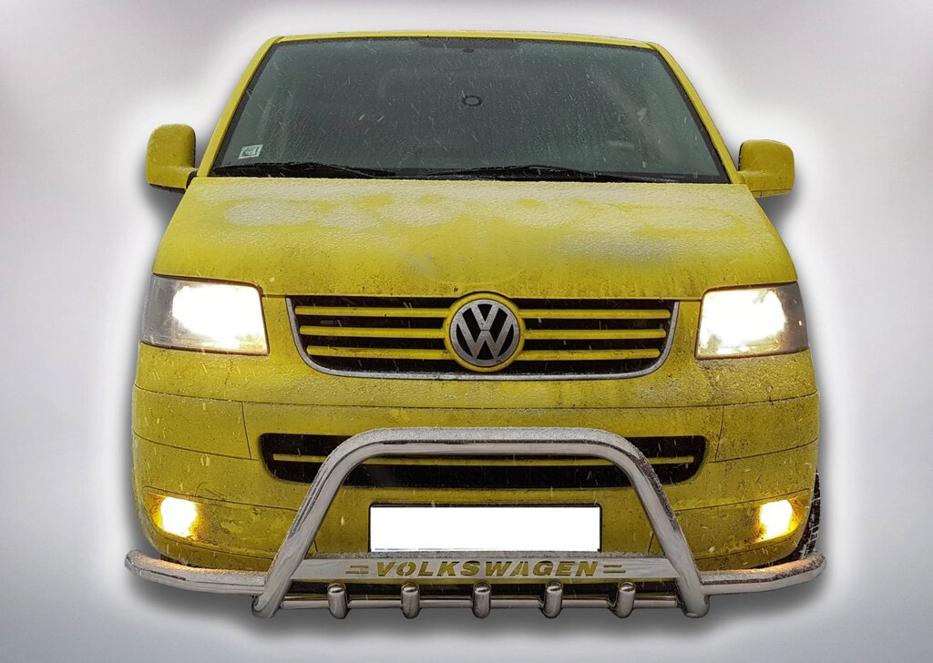 Захист переднього бампера - Кенгурятник Volkswagen T5 (09-16) з логотипом, вусами та грилем від компанії AUTOAS - фото 1