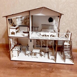 Дерев'яний ляльковий Будиночок мрії для ляльок, конструктор пазл із фанери для дітей з балконом та сходами