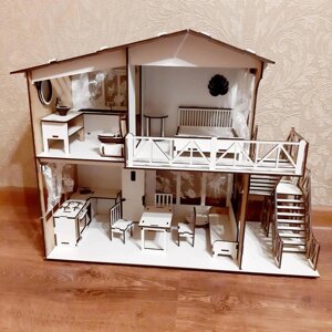 Дерев'яний ляльковий Будиночок мрії для ляльок, конструктор пазл із фанери для дітей з балконом та сходами