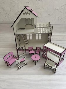 Дитячий дерев'яний двоповерховий збірний будиночок для ляльок з терасою, вікнами та набором меблів, з хдф