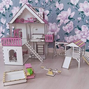 Ляльковий дерев'яний збірний будиночок конструктор фанерний "Рожеві сни" з меблями та дитячим майданчиком