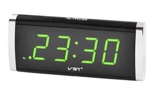Настільний годинник з будильником від мережі та від батарейок із зеленим підсвічуванням VST-730-4