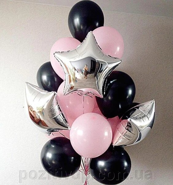 Фонтан из шаров с гелием "Чёрно Розовое Серебро"13 шаров в облаке ##от компании## Позитив - ##фото## 1