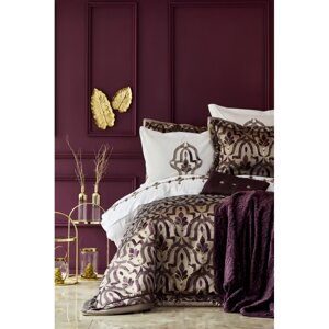 Набір постільної білизни з покривалом + плед Karaca Home - Morocco purple-gold золотий євро (10)