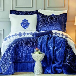 Набір постільної білизнт з покривалом + плед Karaca Home - Volante lacivert синій (10 предметів)