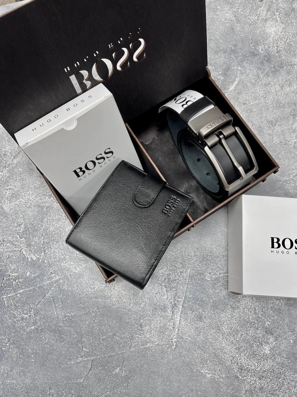 Чоловічий подарунковий набір Hugo Boss чорний шкіряний ремінь + гаманець, Подарунок чоловікові в коробці від компанії Вигідно - фото 1