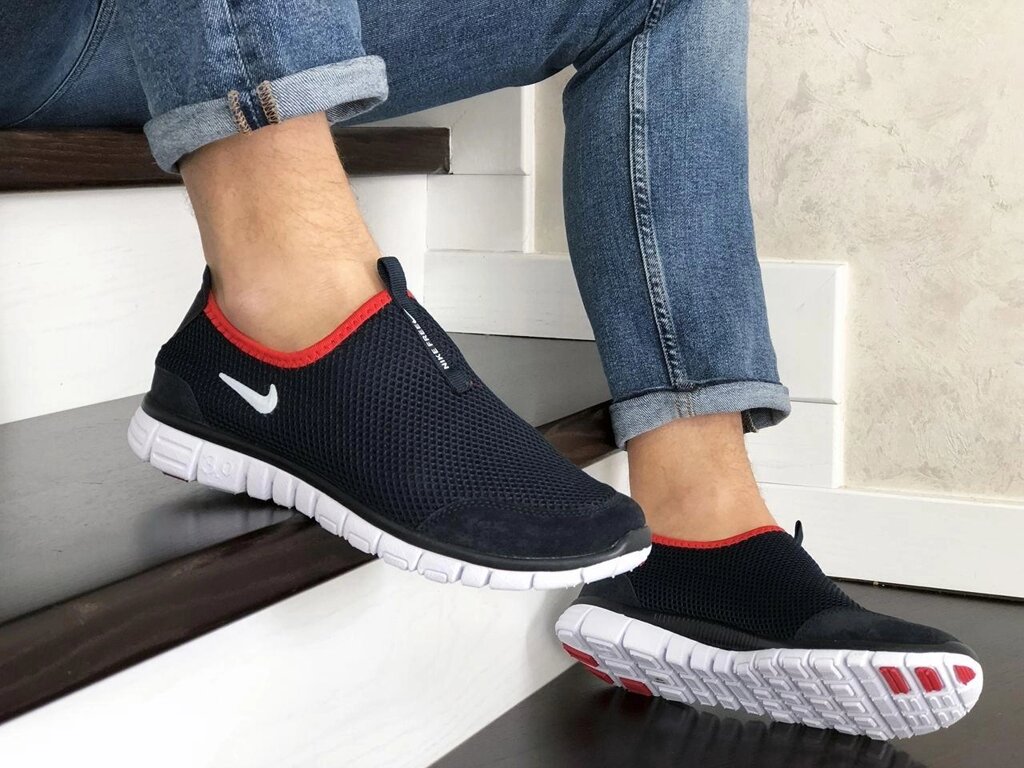 Кросівки Nike Free Run 3.0 сітка темно-сині з білим/червоним на літо (розміри 39,44) від компанії Вигідно - фото 1