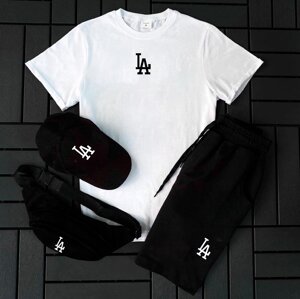 Чоловічий комплект на літо LA, біла футболка + шорти + кепка та бананка, літній спортивний костюм