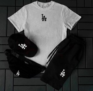 Чоловічий комплект на літо LA, сіра футболка + шорти + кепка та бананка, літній спортивний костюм