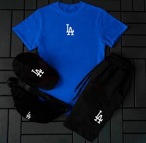 Чоловічий комплект на літо LA, синя футболка + шорти + кепка та бананка, літній спортивний костюм