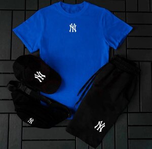 Чоловічий комплект на літо New York, синя футболка + шорти + кепка та бананка літній спортивний костюм