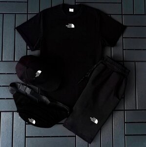 Чоловічий комплект на літо The North Face, чорна футболка + шорти + кепка та бананка, літній спортивний костюм