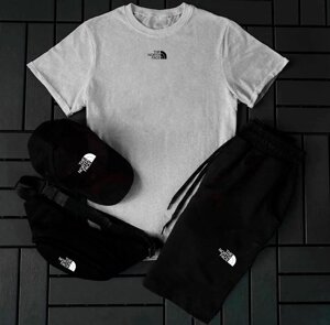 Чоловічий комплект на літо The North Face, сіра футболка + шорти + кепка та бананка, літній спортивний костюм