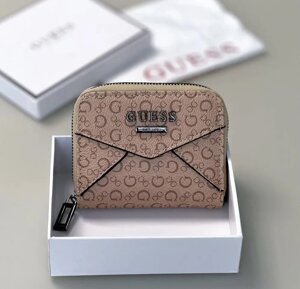 Жіночий маленький гаманець Guess бежевий на блискавці, брендовий фірмовий маленький гаманець на подарунок