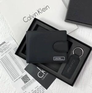 Чоловічий шкіряний гаманець Calvin Klein + Брелок, брендовий подарунок для чоловіка, портмоне + ключниця