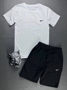 Чоловічий літній комплект шорти та футболка Nike білий з чорним. Чоловічі шорти та футболка Найк