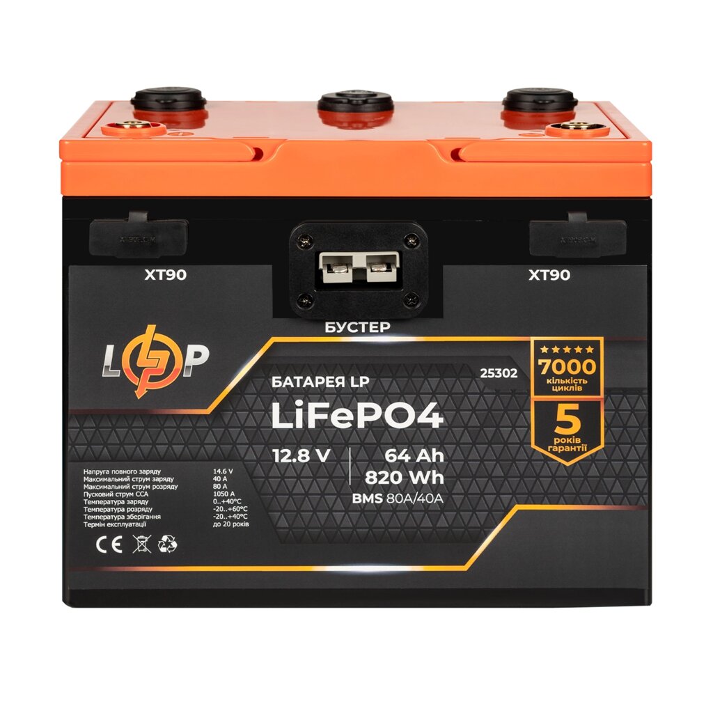 Акумулятор LP LiFePO4 12,8V - 64 Ah (820Wh) (BMS 80A/40А) пластик 2XT90 4USB стартер від компанії Krop Control - фото 1