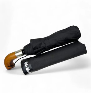 Чорна парасолька напівавтомат з дерев'яною ручкою