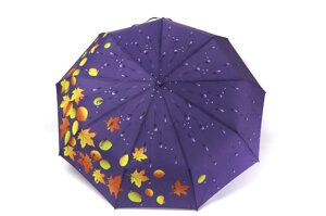Фіолетово-синя жіноча парасолька з краплями і листям